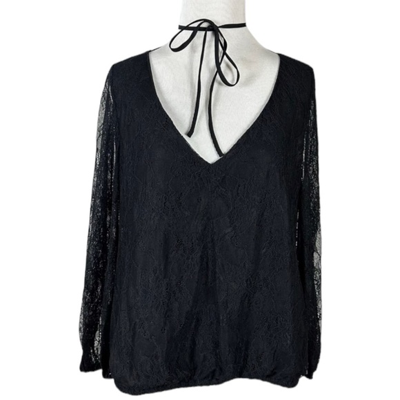 Alice + Olivia Black lace Top Balloon Sleeve Neck Tie Small Witchy Stevie Nicks - Picture 1 of 14